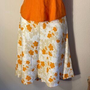 Ann Taylor Linen A Line Skirt Orange Cream Floral Fully Lined Size 4